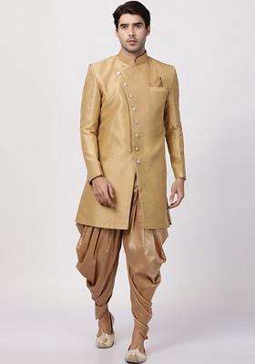 Beige Woven Poly Blend Indowestern Sherwani Set For Men