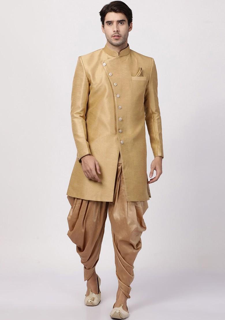 Beige Woven Poly Blend Indowestern Sherwani Set For Men