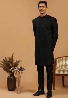 Black Embroidered Poly Blend Indowestern Sherwani Set For Men