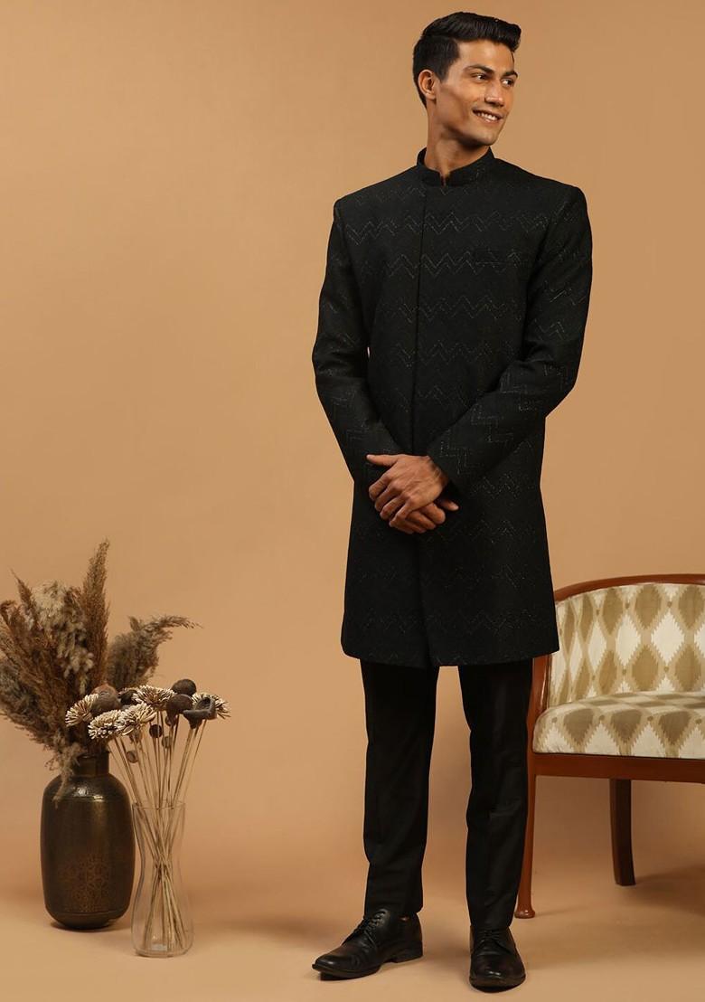 Black Embroidered Poly Blend Indowestern Sherwani Set For Men