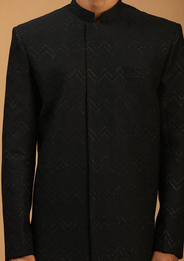 Black Embroidered Poly Blend Indowestern Sherwani Set For Men
