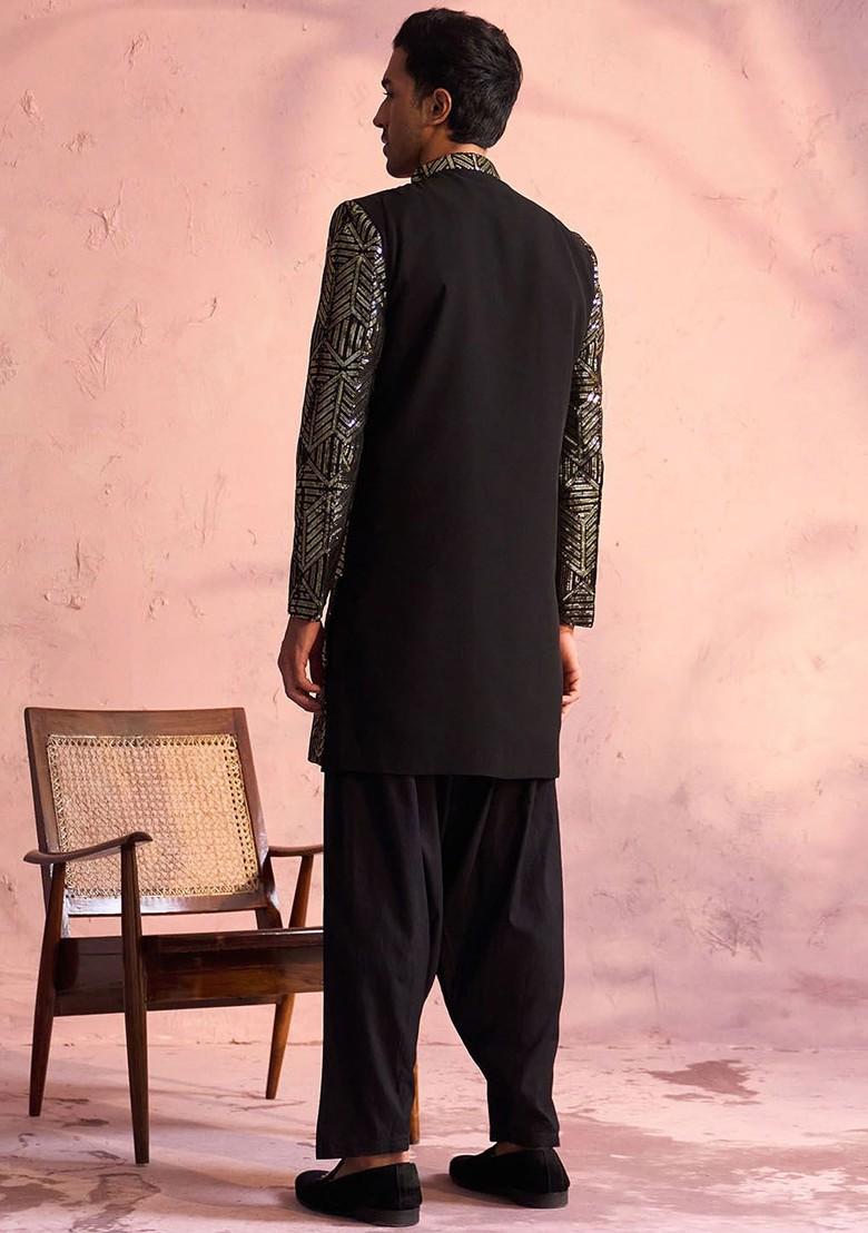 Black Embellished Georgette Indowestern Sherwani Set For Men