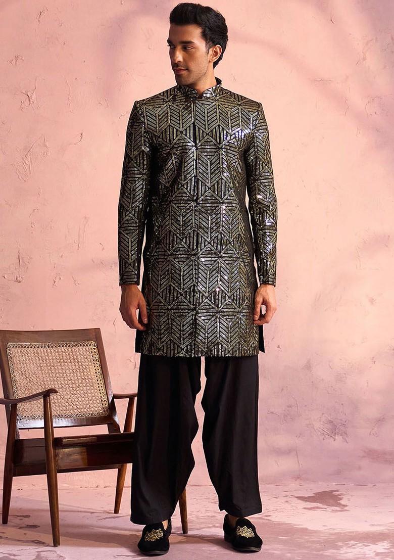 Black Embellished Georgette Indowestern Sherwani Set For Men