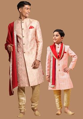 Pink Woven Poly Blend Indowestern Sherwani Set For Men