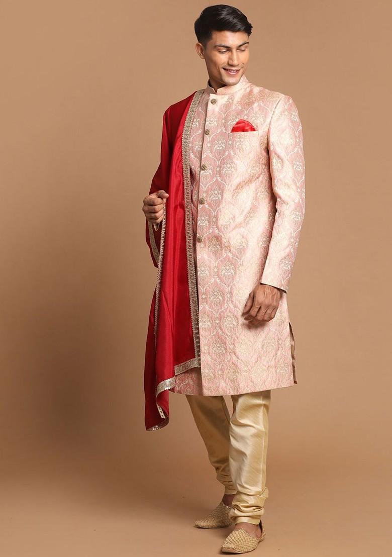 Pink Woven Poly Blend Indowestern Sherwani Set For Men