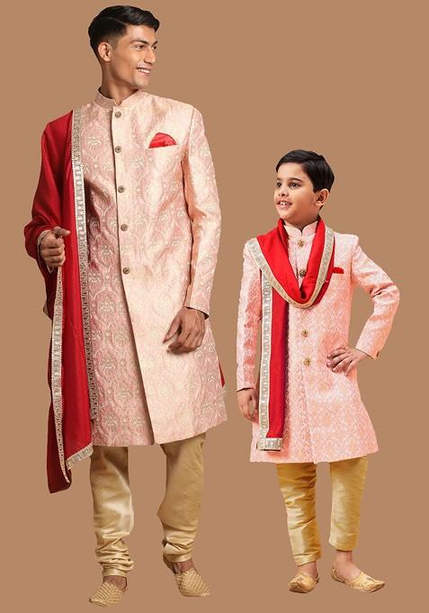 Pink Woven Poly Blend Indowestern Sherwani Set For Men — view on Indya