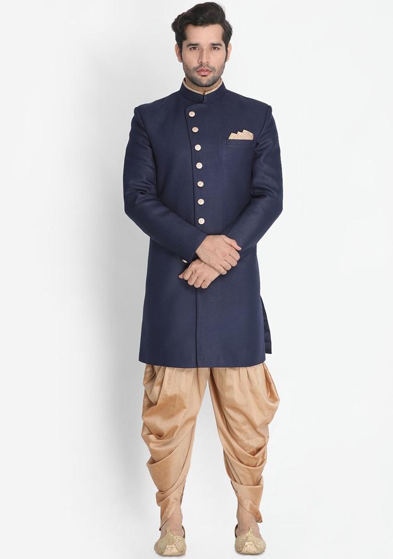 Navy Blue Solid Poly Blend Indowestern Sherwani Set For Men