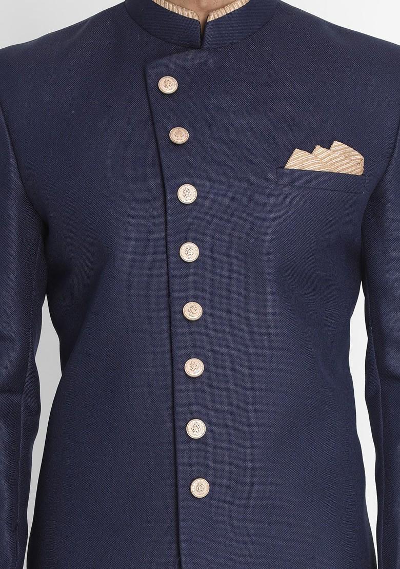 Navy Blue Solid Poly Blend Indowestern Sherwani Set For Men