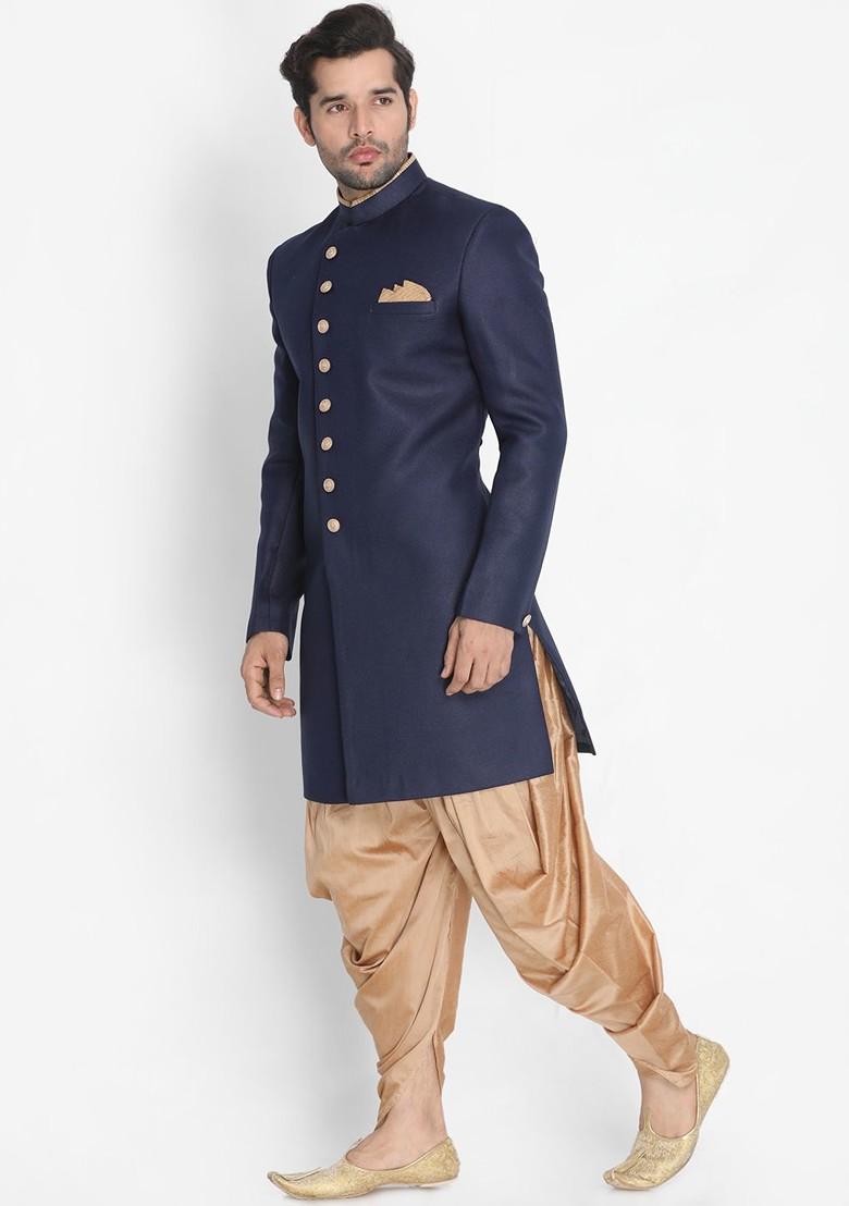 Navy Blue Solid Poly Blend Indowestern Sherwani Set For Men