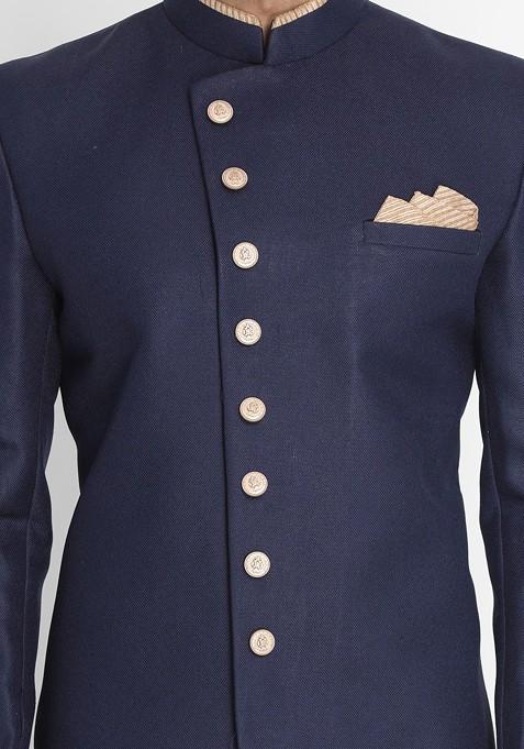 Navy Blue Solid Poly Blend Indowestern Sherwani Set For Men