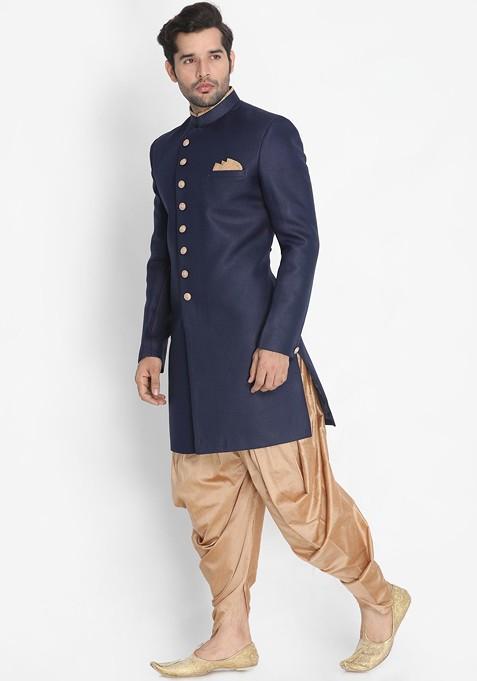 Navy Blue Solid Poly Blend Indowestern Sherwani Set For Men