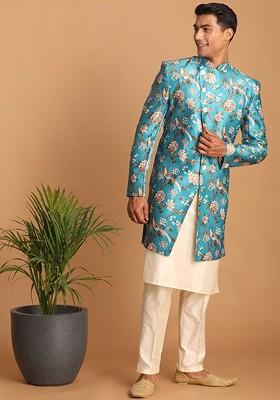 Turquoise Blue Printed Poly Blend Indowestern Sherwani Set For Men