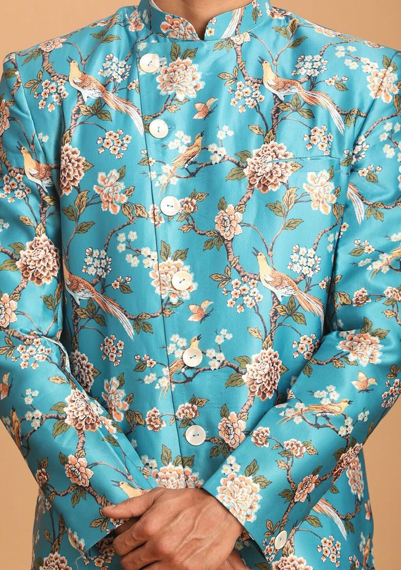 Turquoise Blue Printed Poly Blend Indowestern Sherwani Set For Men