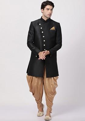 Black Solid Silk Indowestern Sherwani Set For Men