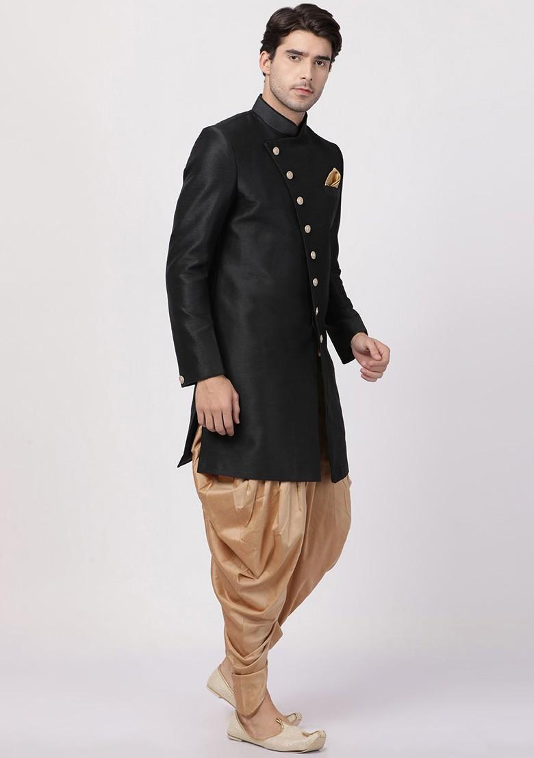 Black Solid Silk Indowestern Sherwani Set For Men