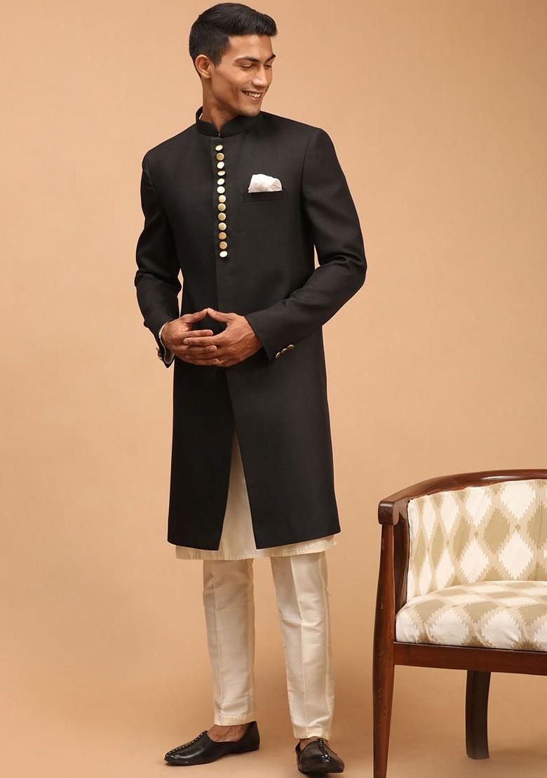Black Solid Poly Blend Indowestern Sherwani Set For Men