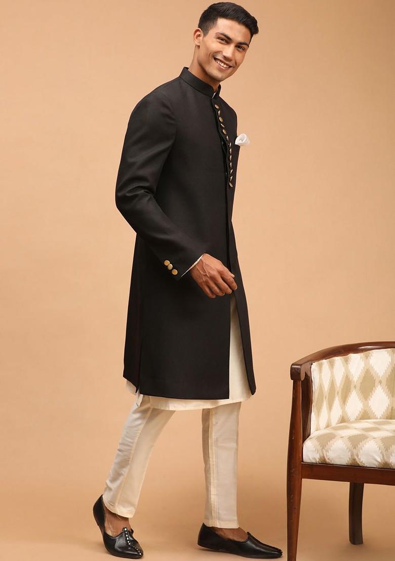Black Solid Poly Blend Indowestern Sherwani Set For Men