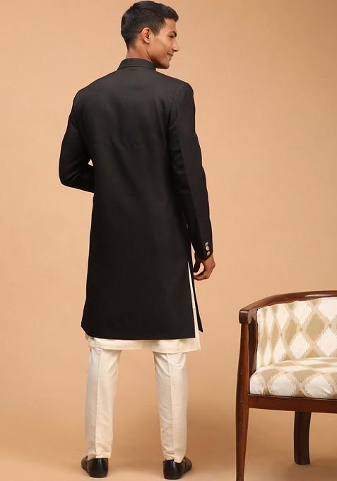 Black Solid Poly Blend Indowestern Sherwani Set For Men