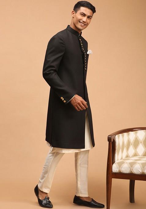 Black Solid Poly Blend Indowestern Sherwani Set For Men