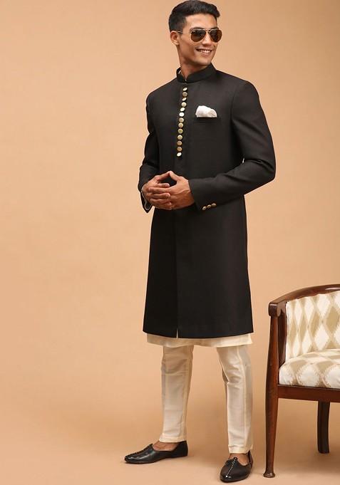 Black Solid Poly Blend Indowestern Sherwani Set For Men