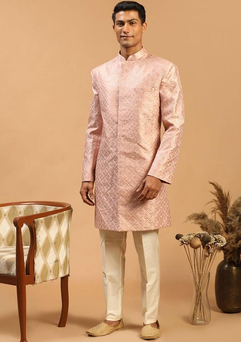 Peach Thread Work Poly Blend Indowestern Sherwani Set For Men