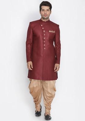 Maroon Solid Poly Blend Indowestern Sherwani Set For Men
