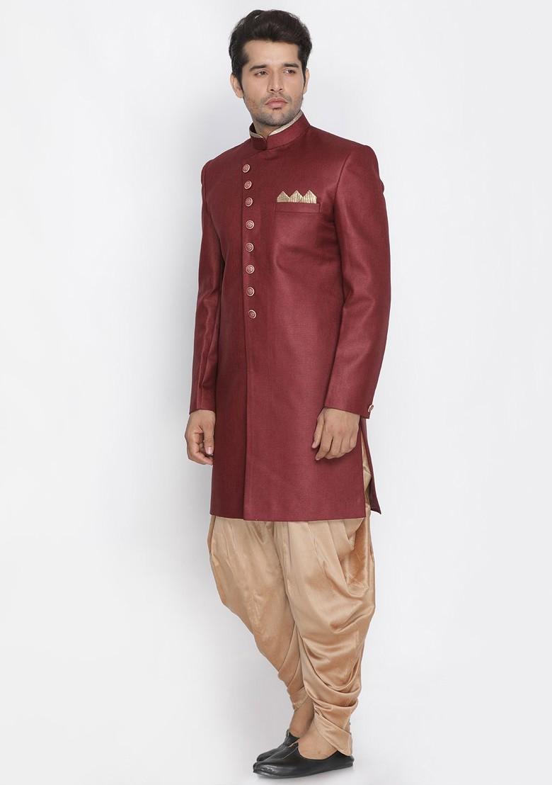 Maroon Solid Poly Blend Indowestern Sherwani Set For Men