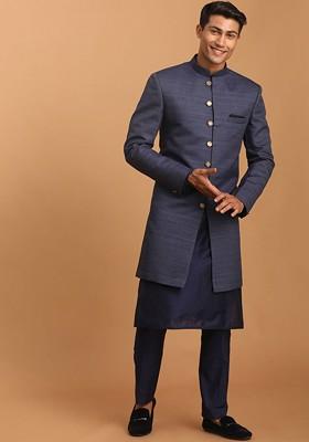Navy Blue Solid Poly Blend Indowestern Sherwani Set For Men
