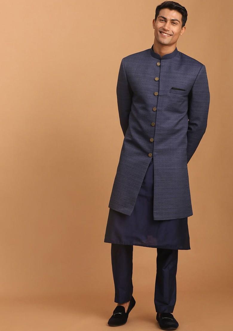 Navy Blue Solid Poly Blend Indowestern Sherwani Set For Men