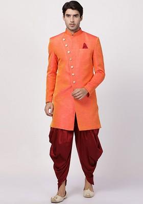 Orange Solid Silk Indowestern Sherwani Set For Men