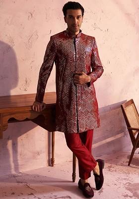 Maroon Embellished Georgette Indowestern Sherwani Set For Men