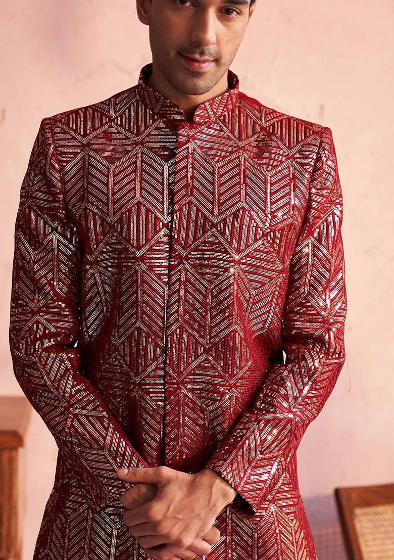 Maroon Embellished Georgette Indowestern Sherwani Set For Men