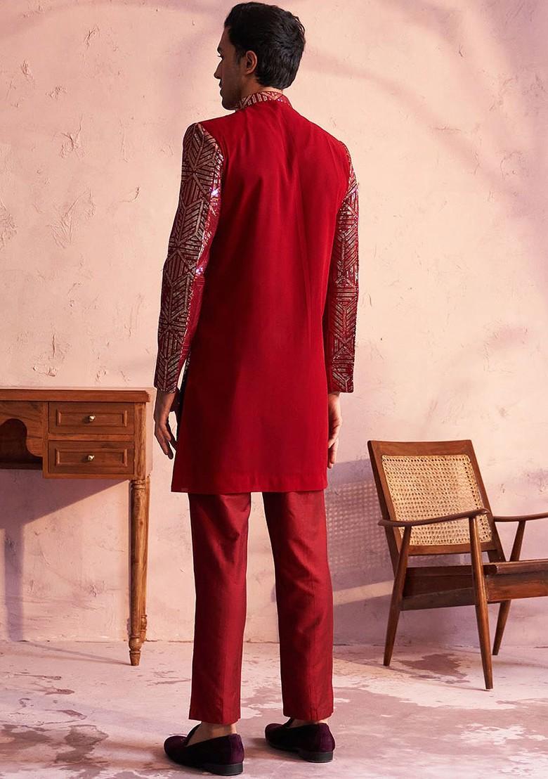 Maroon Embellished Georgette Indowestern Sherwani Set For Men