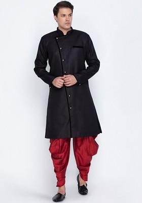 Black Solid Cotton Indowestern Sherwani Set For Men