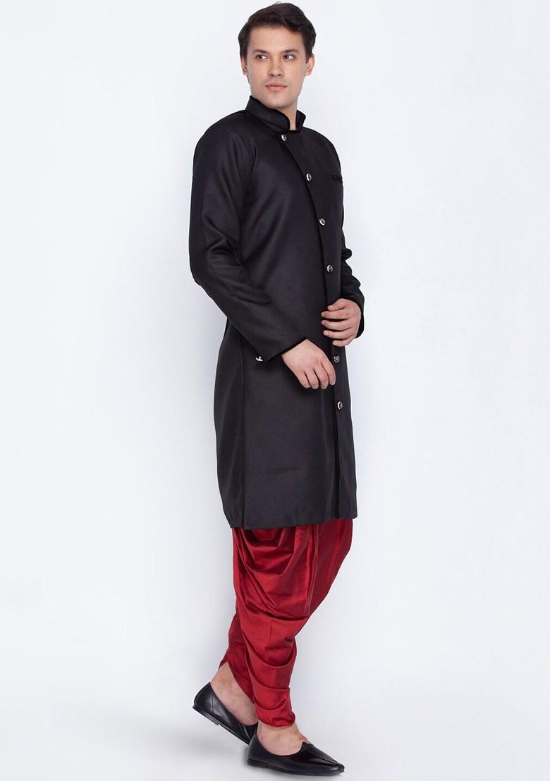 Black Solid Cotton Indowestern Sherwani Set For Men