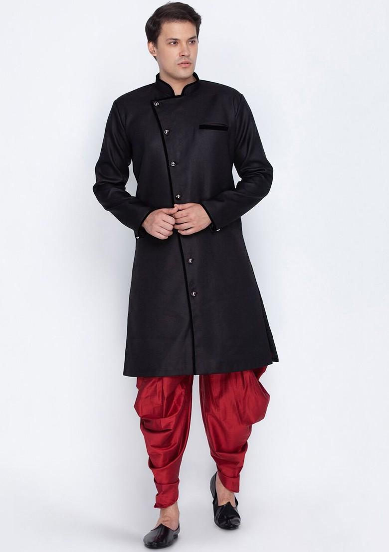 Black Solid Cotton Indowestern Sherwani Set For Men