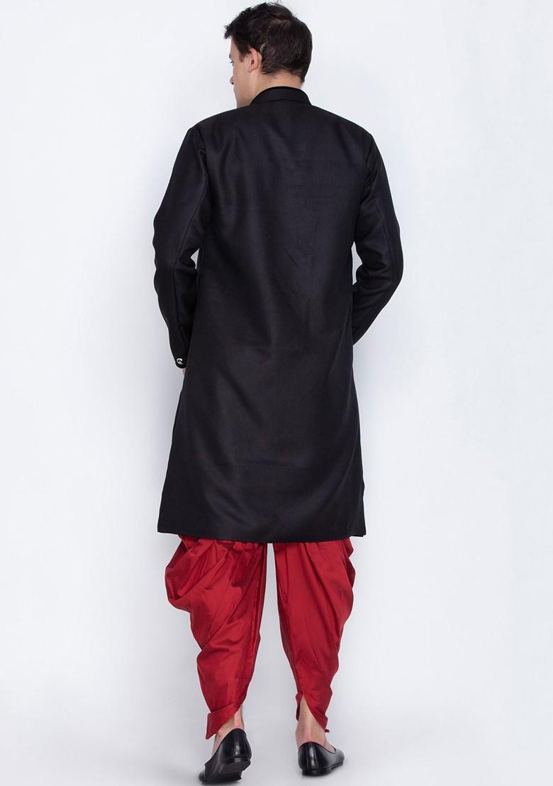Black Solid Poly Blend Indowestern Sherwani Set For Men