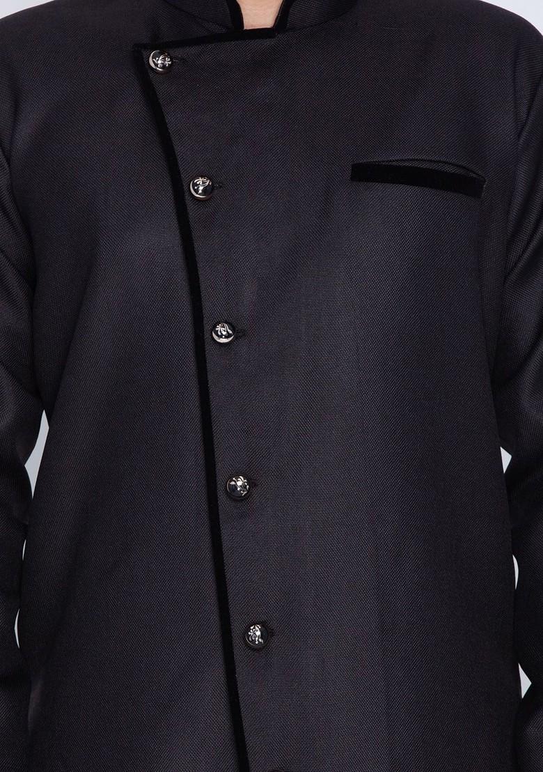Black Solid Poly Blend Indowestern Sherwani Set For Men
