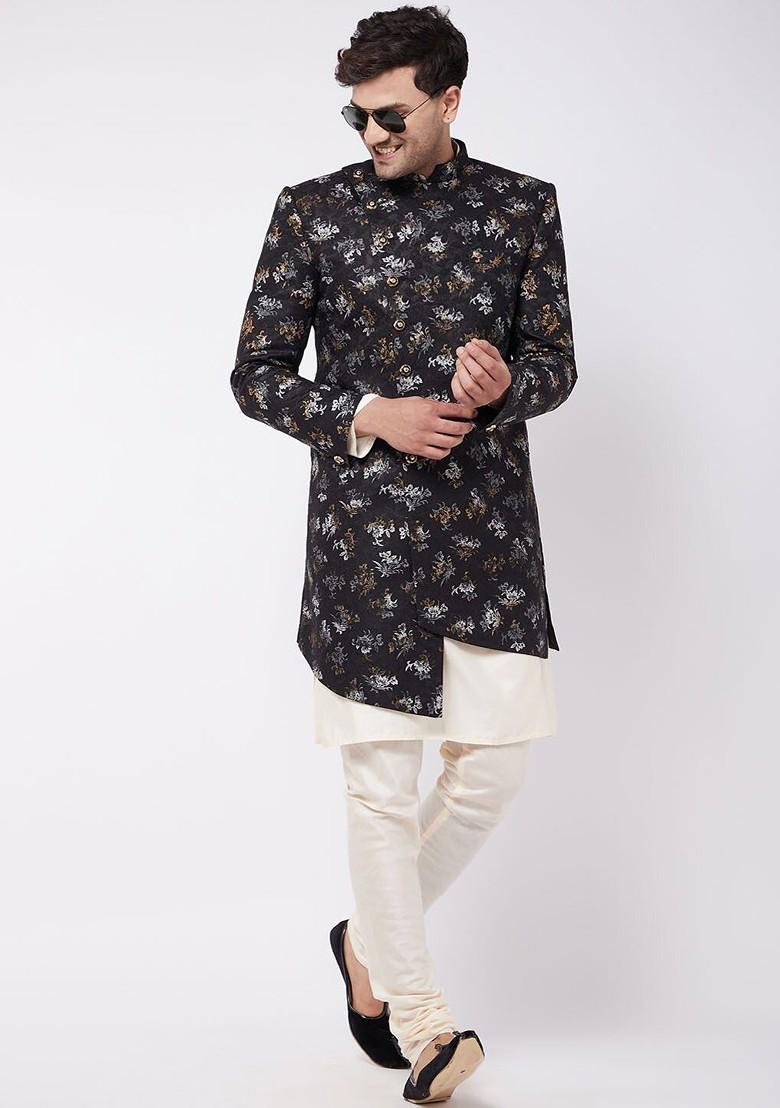 Black Printed Poly Blend Indowestern Sherwani Set For Men