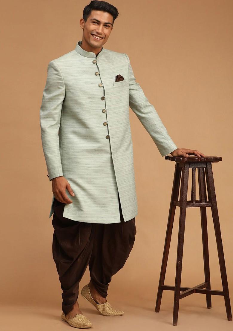 Green Solid Poly Blend Indowestern Sherwani Set For Men