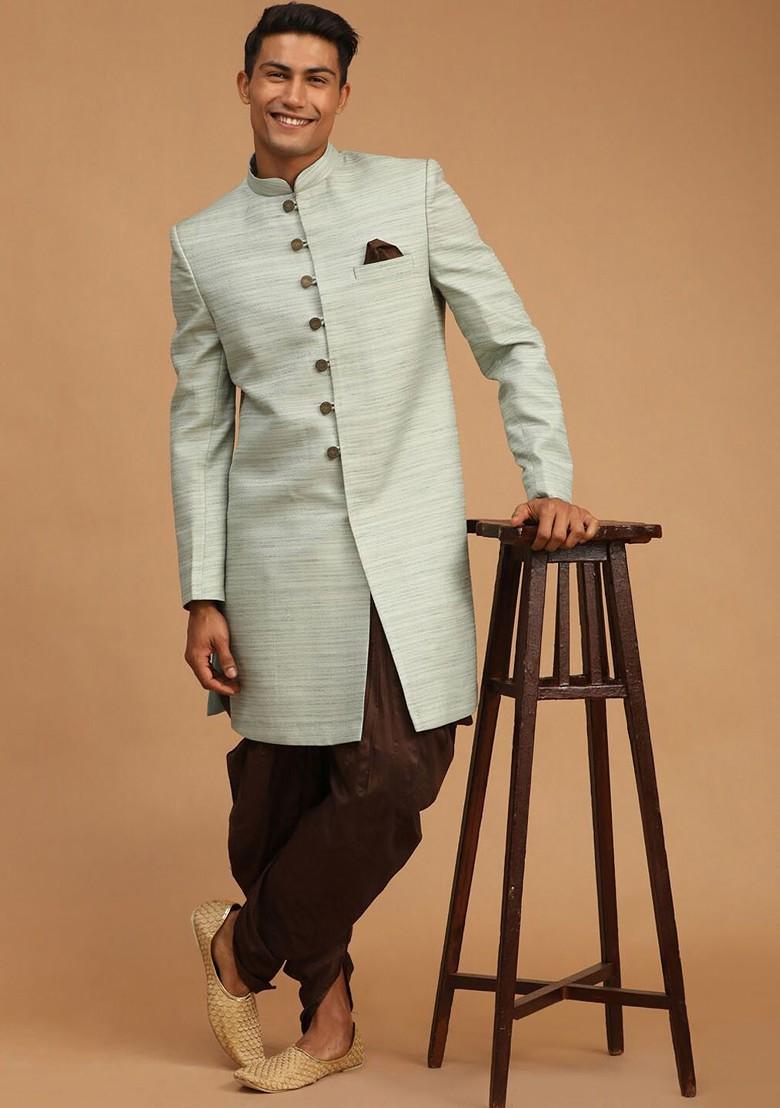 Green Solid Poly Blend Indowestern Sherwani Set For Men