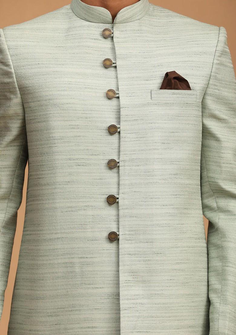 Green Solid Poly Blend Indowestern Sherwani Set For Men