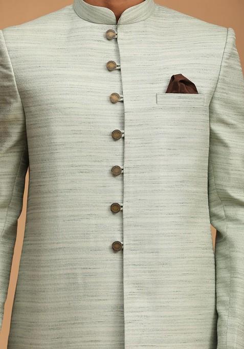 Green Solid Poly Blend Indowestern Sherwani Set For Men