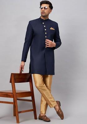 Navy Blue Solid Poly Blend Indowestern Sherwani Set For Men