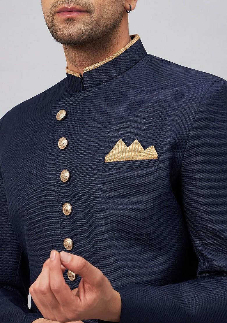 Navy Blue Solid Poly Blend Indowestern Sherwani Set For Men