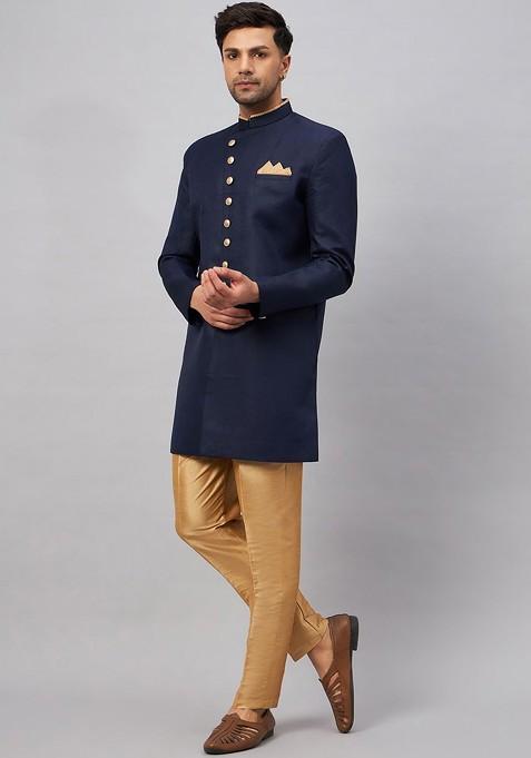 Navy Blue Solid Poly Blend Indowestern Sherwani Set For Men