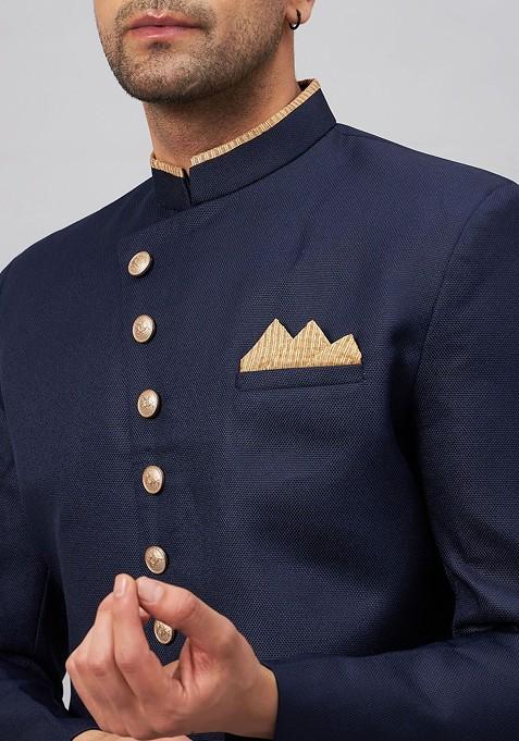Navy Blue Solid Poly Blend Indowestern Sherwani Set For Men