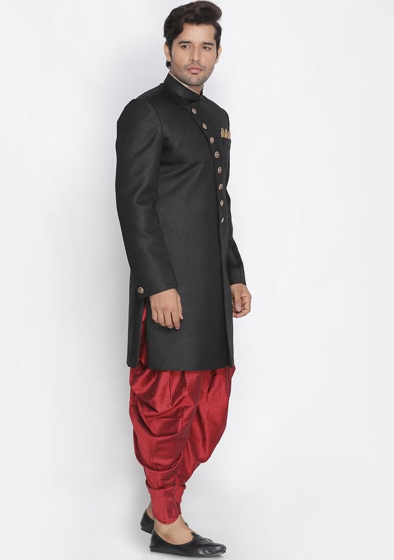 Black Solid Poly Blend Indowestern Sherwani Set For Men