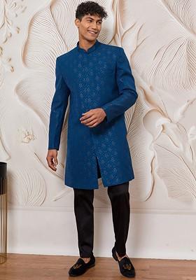 Turquoise Blue Embroidered Poly Blend Indowestern Sherwani Set For Men