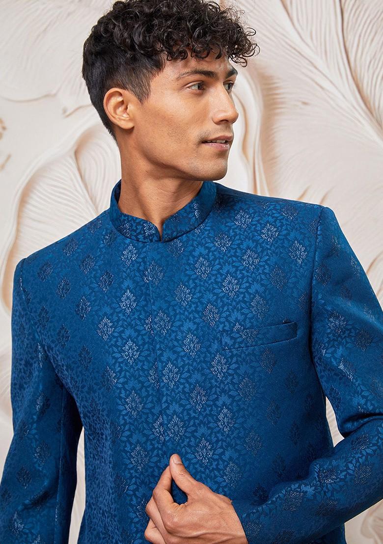 Turquoise Blue Embroidered Poly Blend Indowestern Sherwani Set For Men